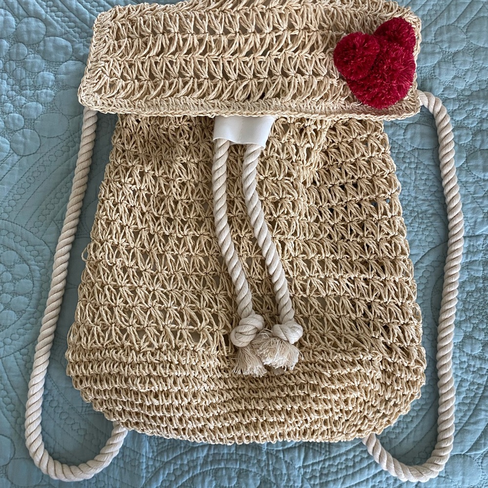 Mickey Tan and Red Backpack with Natural Texture and Decorative Flap